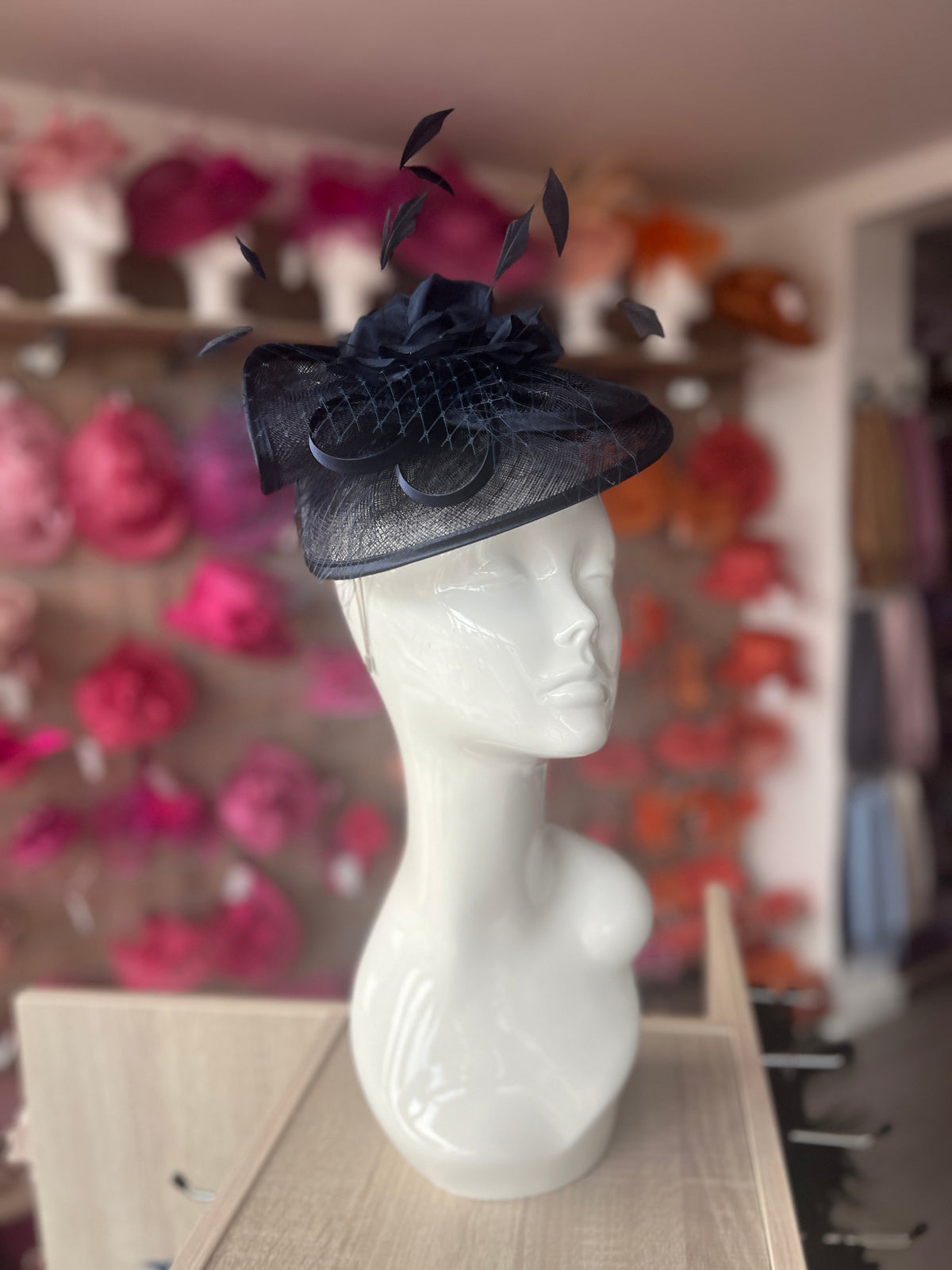 Navy Disc Fascinator with Fabric Rose &amp; Netting-Fascinators Direct