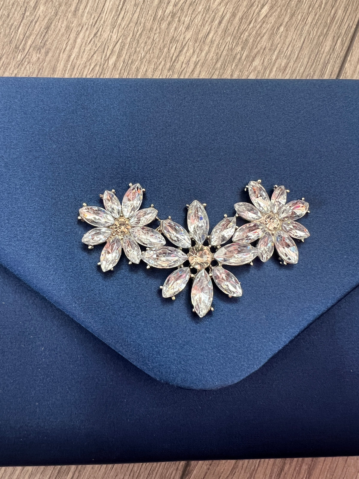 Navy Envelope Clutch Bag With Diamante Flower Detail-Fascinators Direct
