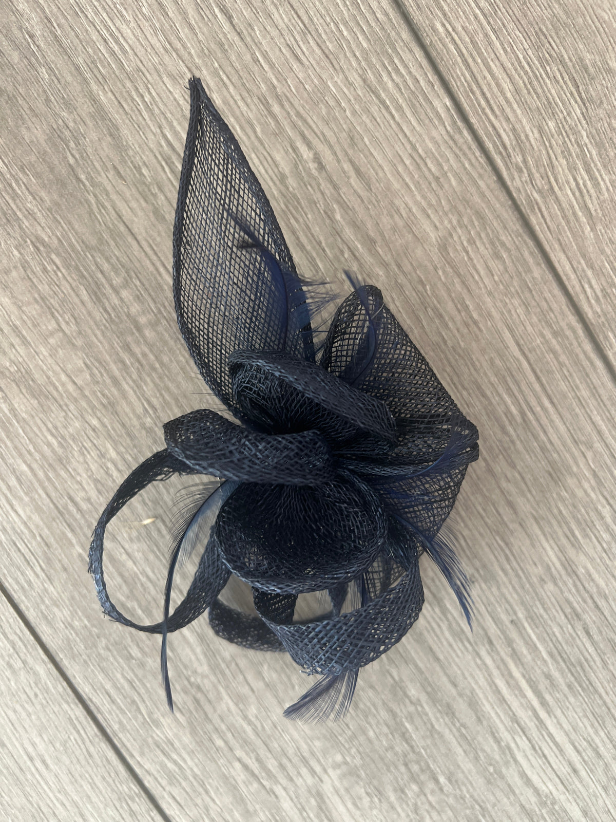 Navy Fascinator Clip with Sinamay &amp; Feather Flower-Fascinators Direct