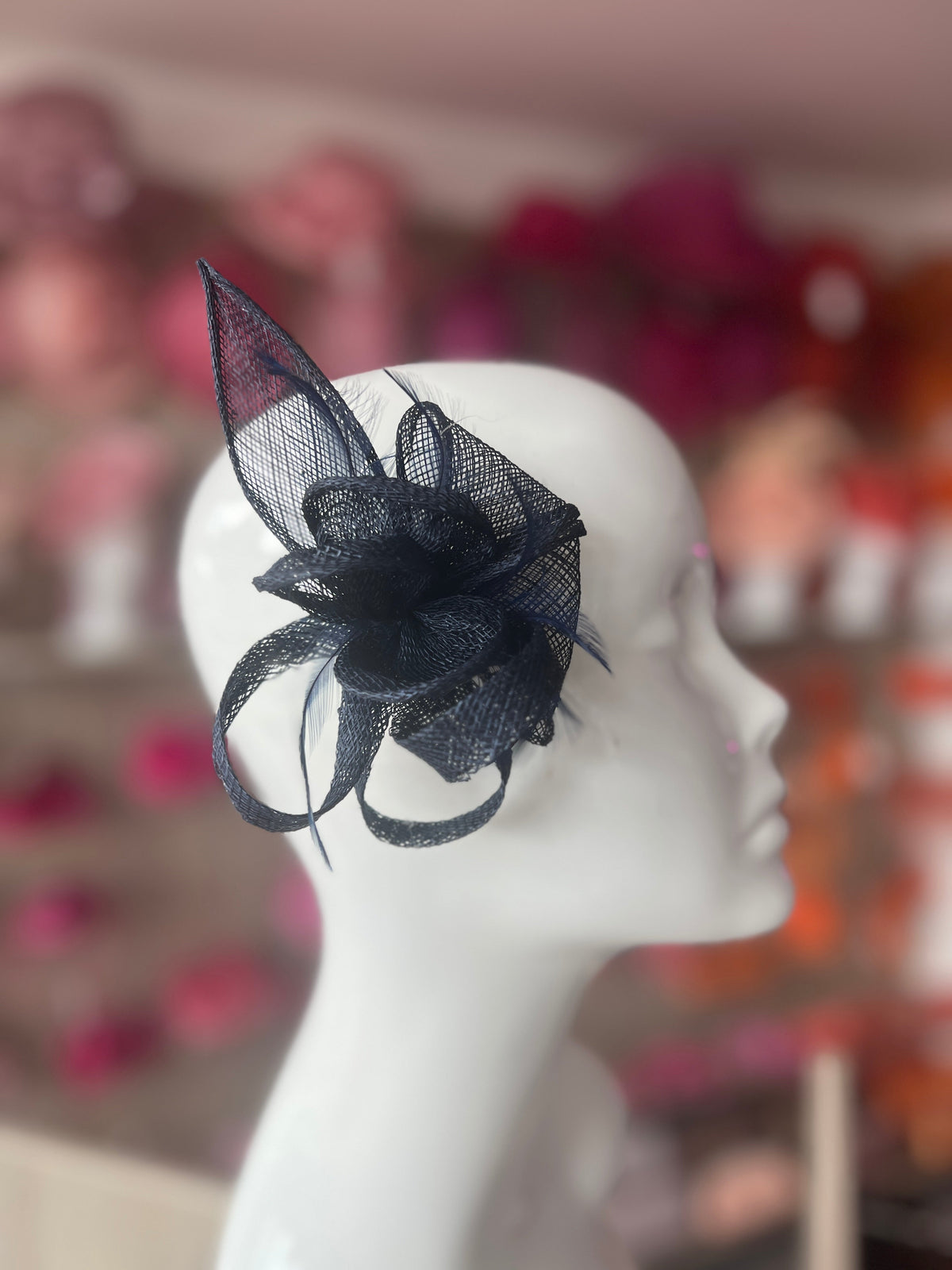 Navy Fascinator Clip with Sinamay &amp; Feather Flower-Fascinators Direct