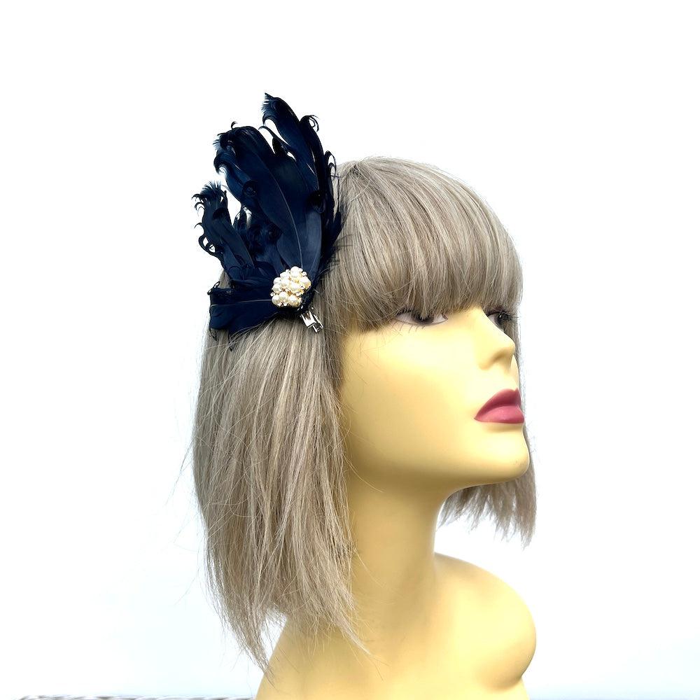 Navy Fascinator Clip with Vintage Feathers & Pearls-Fascinators Direct