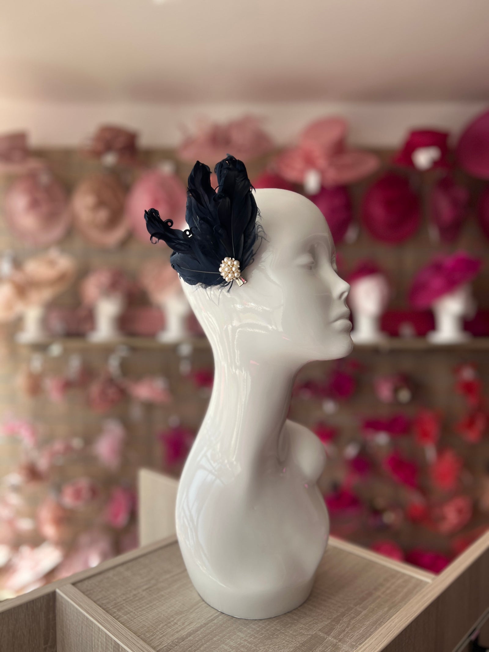 Navy Fascinator Clip with Vintage Feathers & Pearls-Fascinators Direct