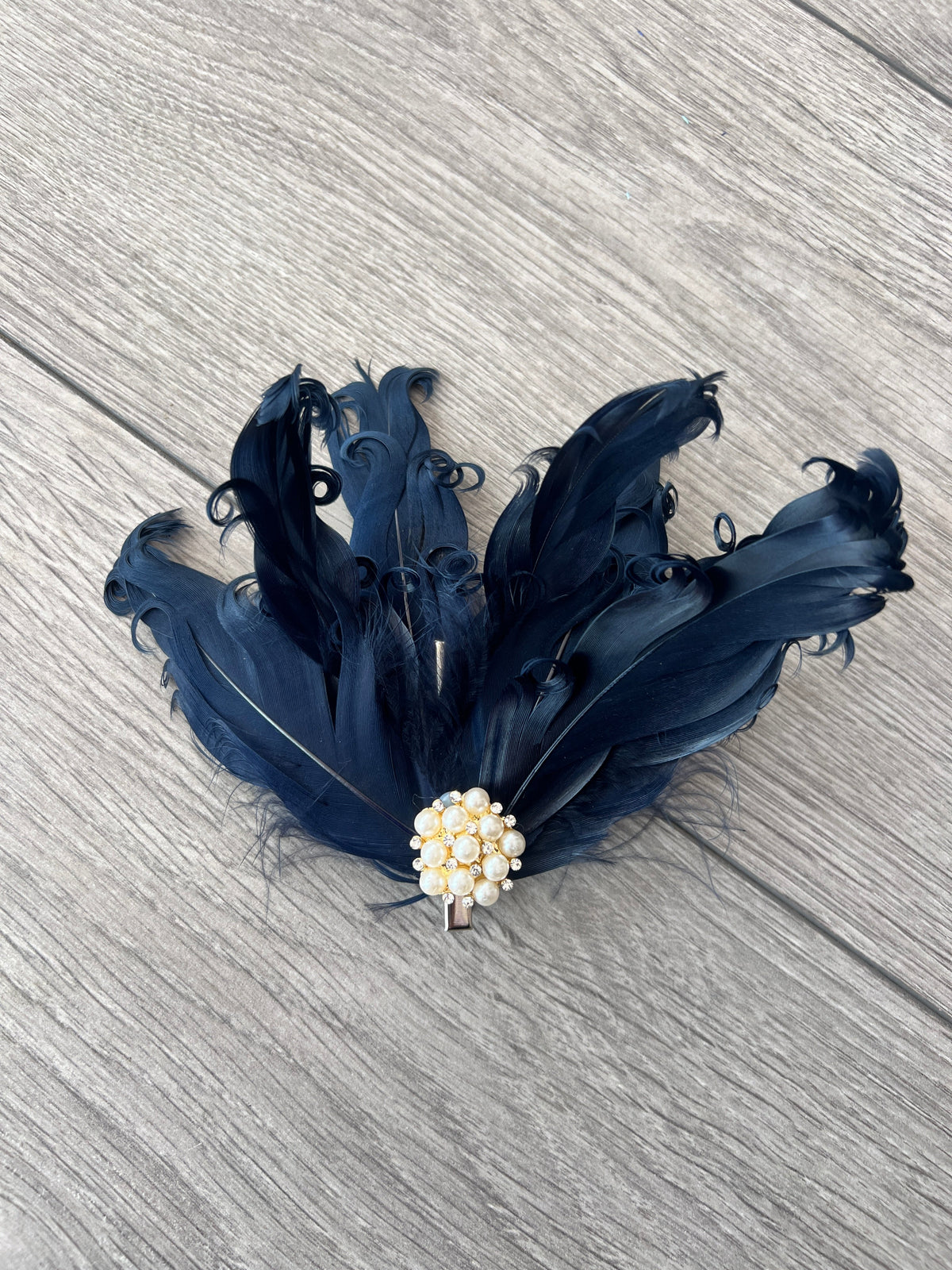 Navy Fascinator Clip with Vintage Feathers &amp; Pearls-Fascinators Direct