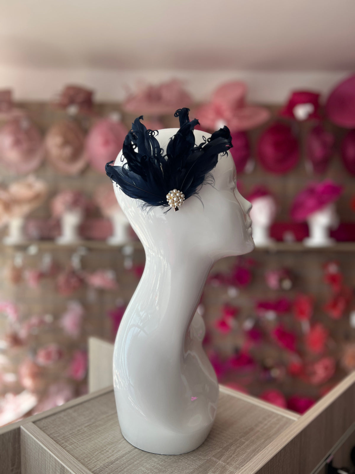Navy Fascinator Clip with Vintage Feathers &amp; Pearls-Fascinators Direct