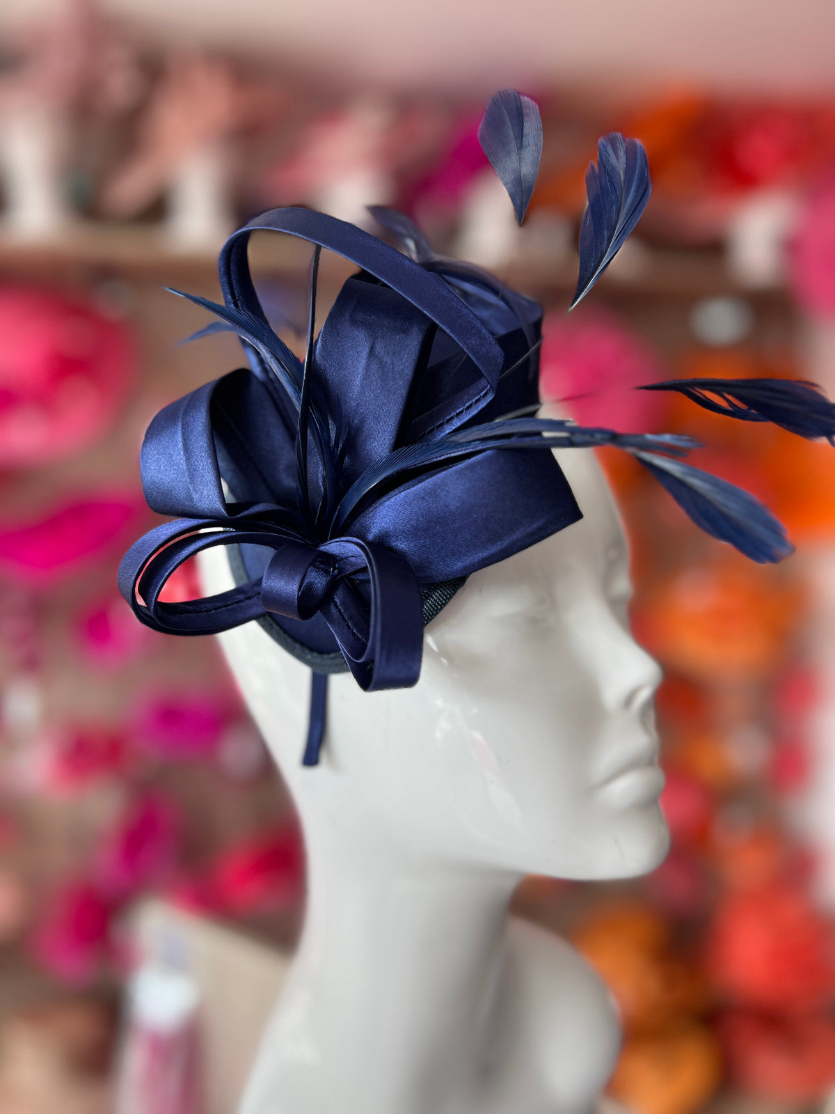 Navy Fascinator Headband With Looped Satin &amp; Feathers-Fascinators Direct