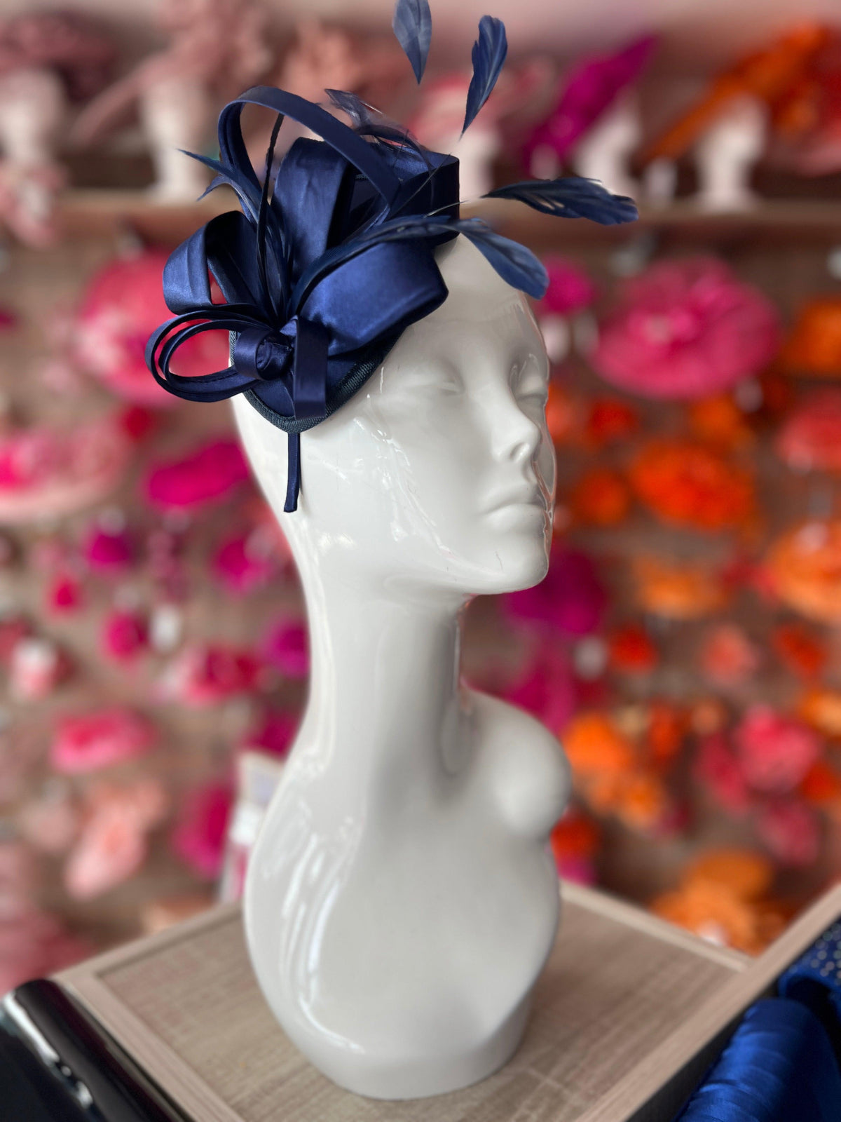 Navy Fascinator Headband With Looped Satin &amp; Feathers-Fascinators Direct