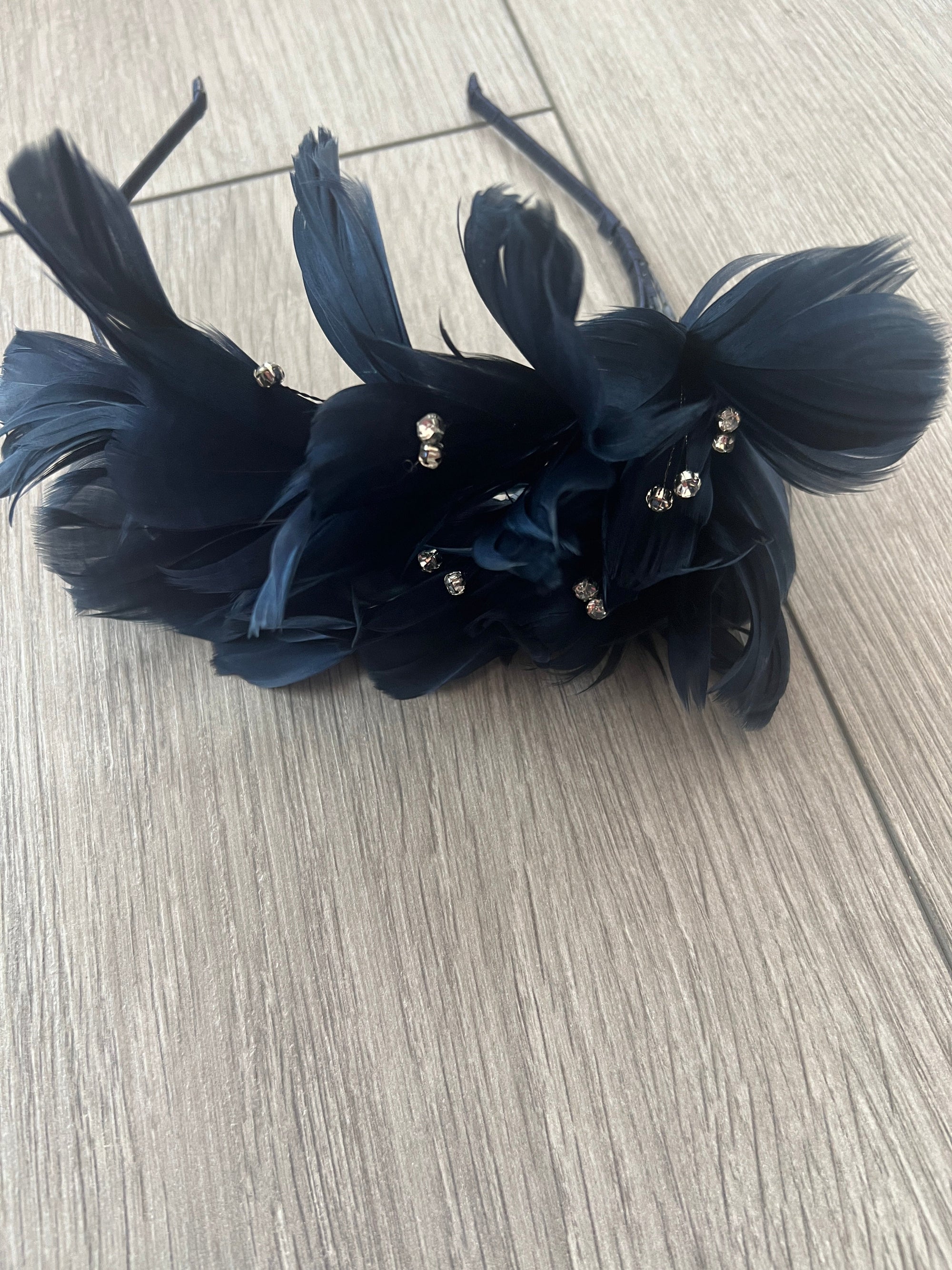 Navy Fascinator Headband with Diamanté & Feather Petals-Fascinators Direct