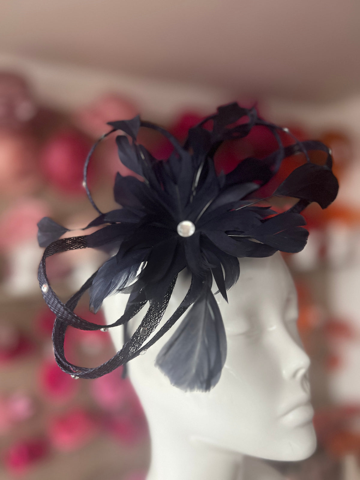 Navy Fascinator With Diamanté Loops &amp; Flower-Fascinators Direct