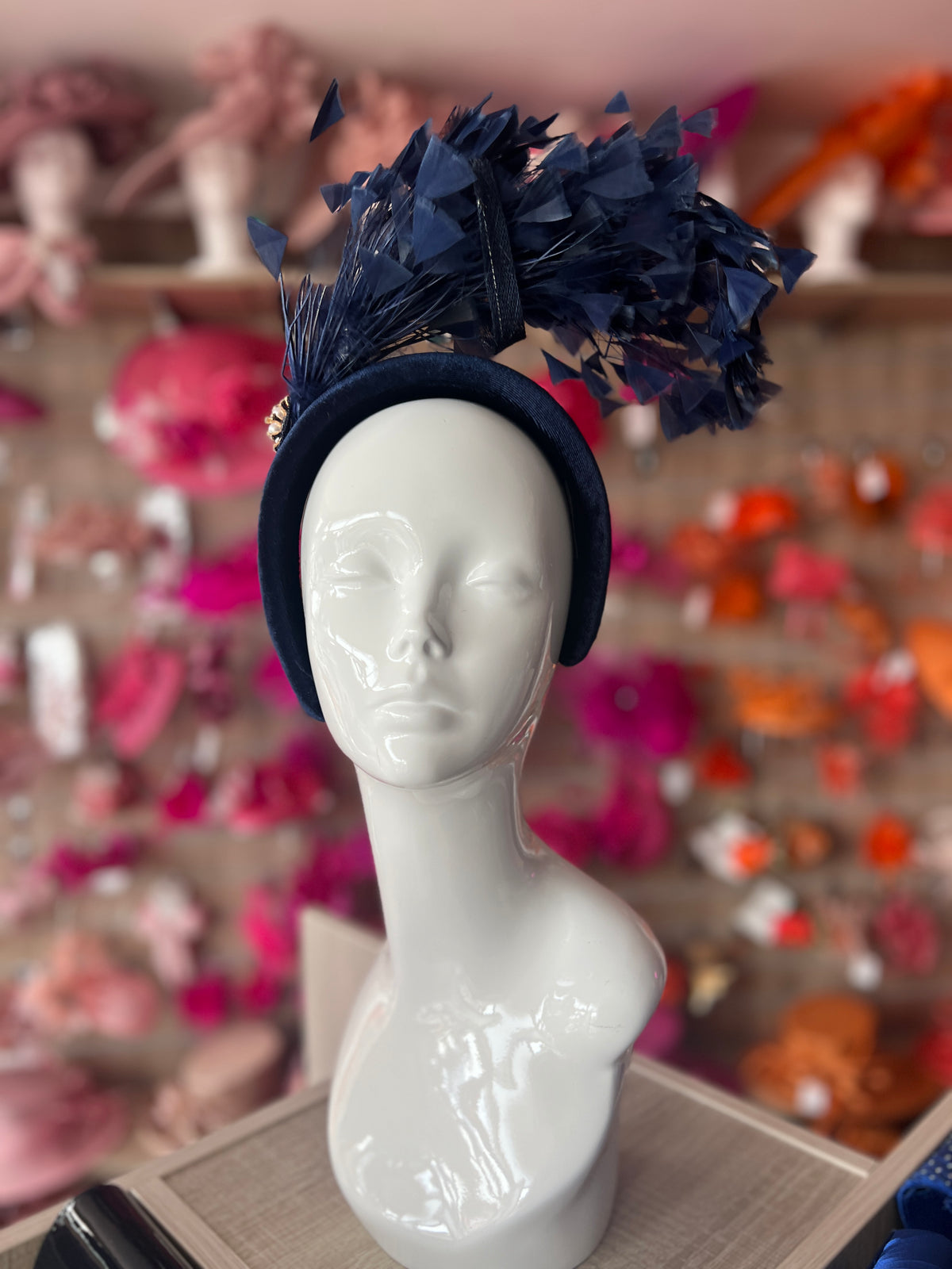 Navy Feather Velvet Padded Headband Fascinator With Diamante &amp; Pearl Cluster-Fascinators Direct