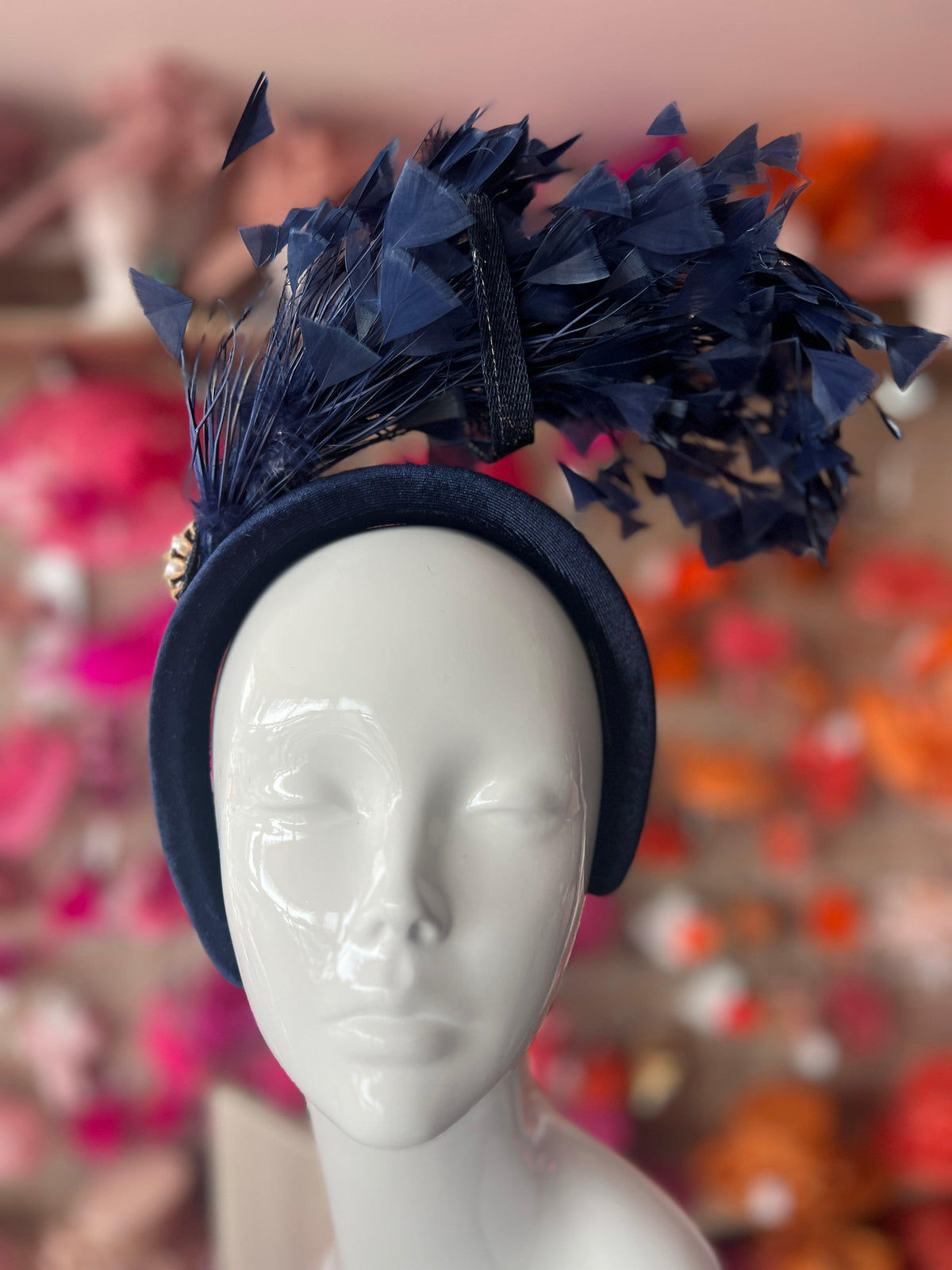 Navy Feather Velvet Padded Headband Fascinator With Diamante &amp; Pearl Cluster-Fascinators Direct