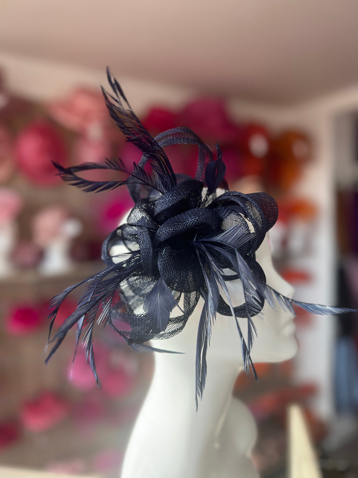 Navy Flower Fascinator with Loops &amp; Feathers-Fascinators Direct