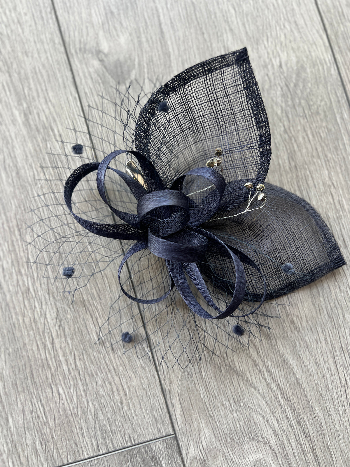 Navy Hair Fascinator With Netting &amp; Diamantes-Fascinators Direct