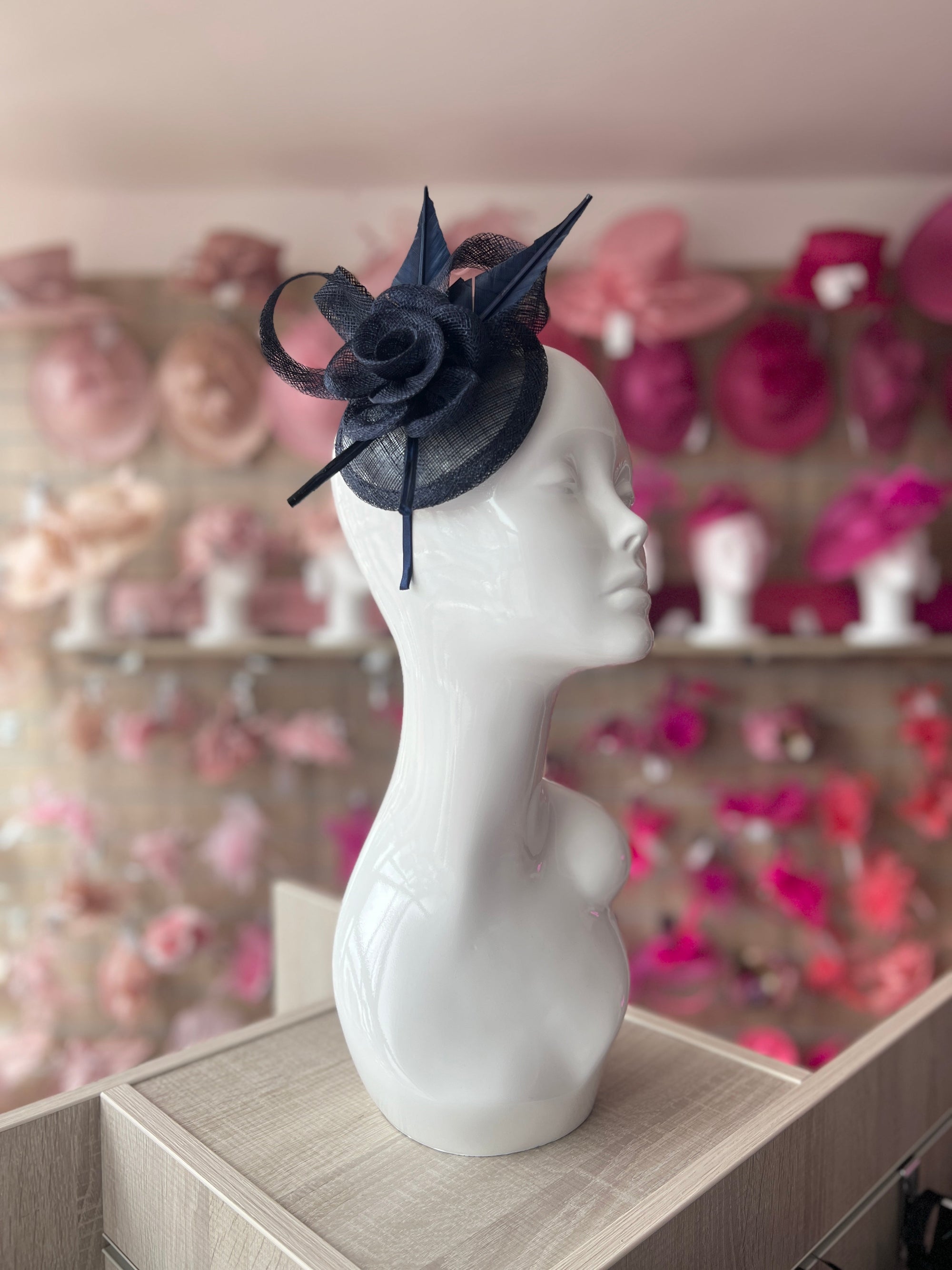 Navy Hair Fascinator with Sinamay Flower & Feather Quill-Fascinators Direct