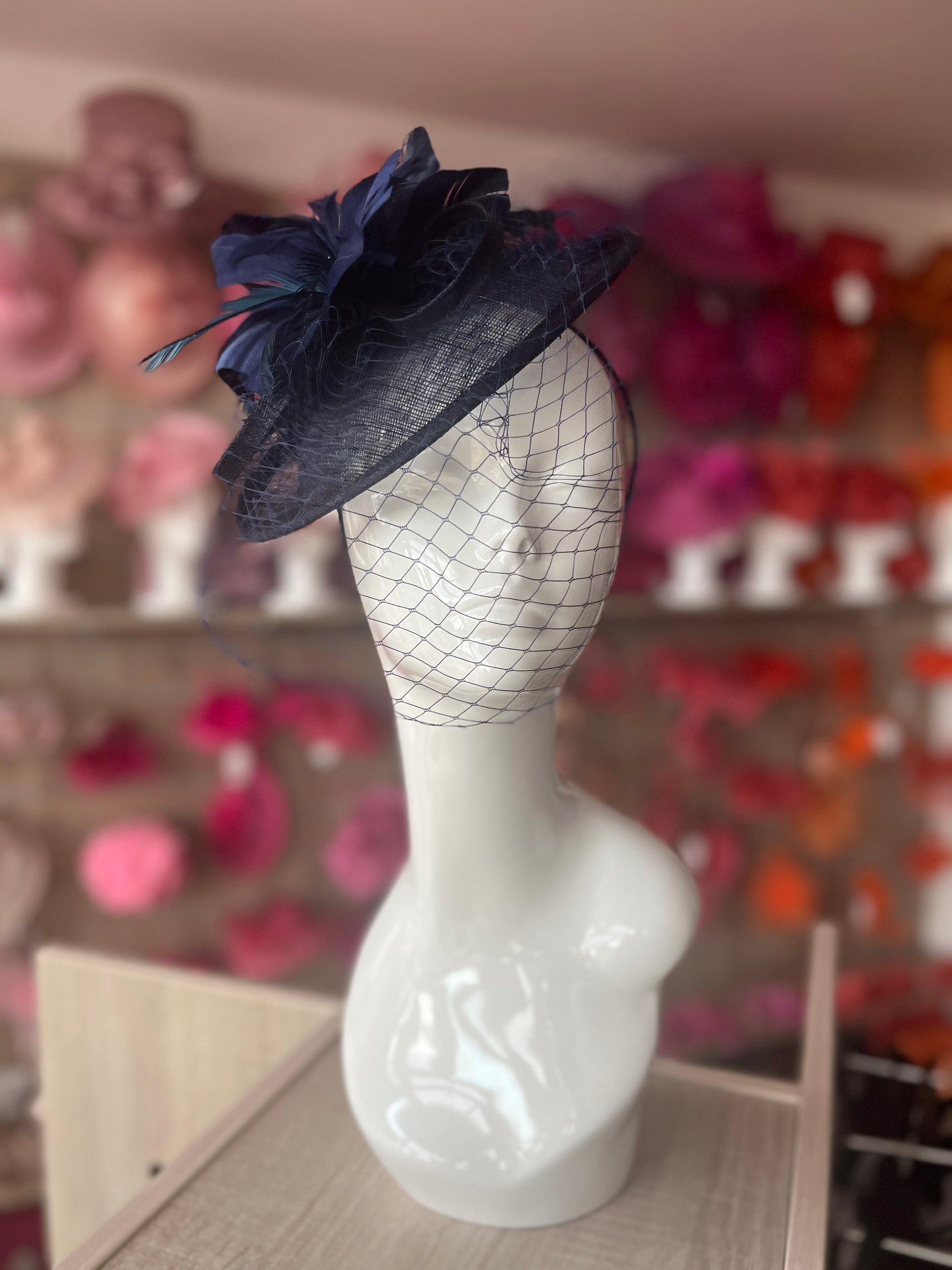 Navy Hatinator With Feather Flower & Veil-Fascinators Direct