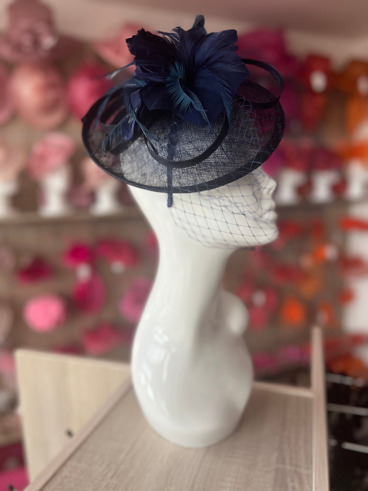 Navy Hatinator With Feather Flower &amp; Veil-Fascinators Direct