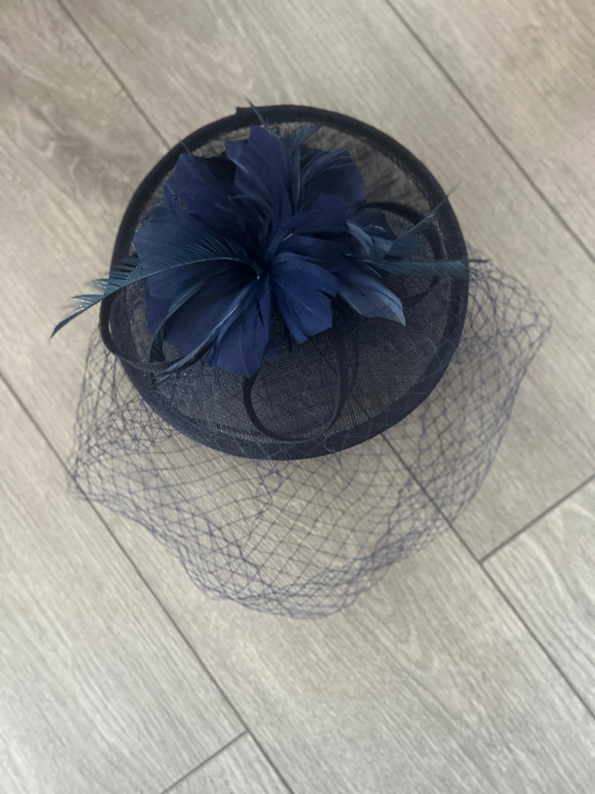 Navy Hatinator With Feather Flower &amp; Veil-Fascinators Direct