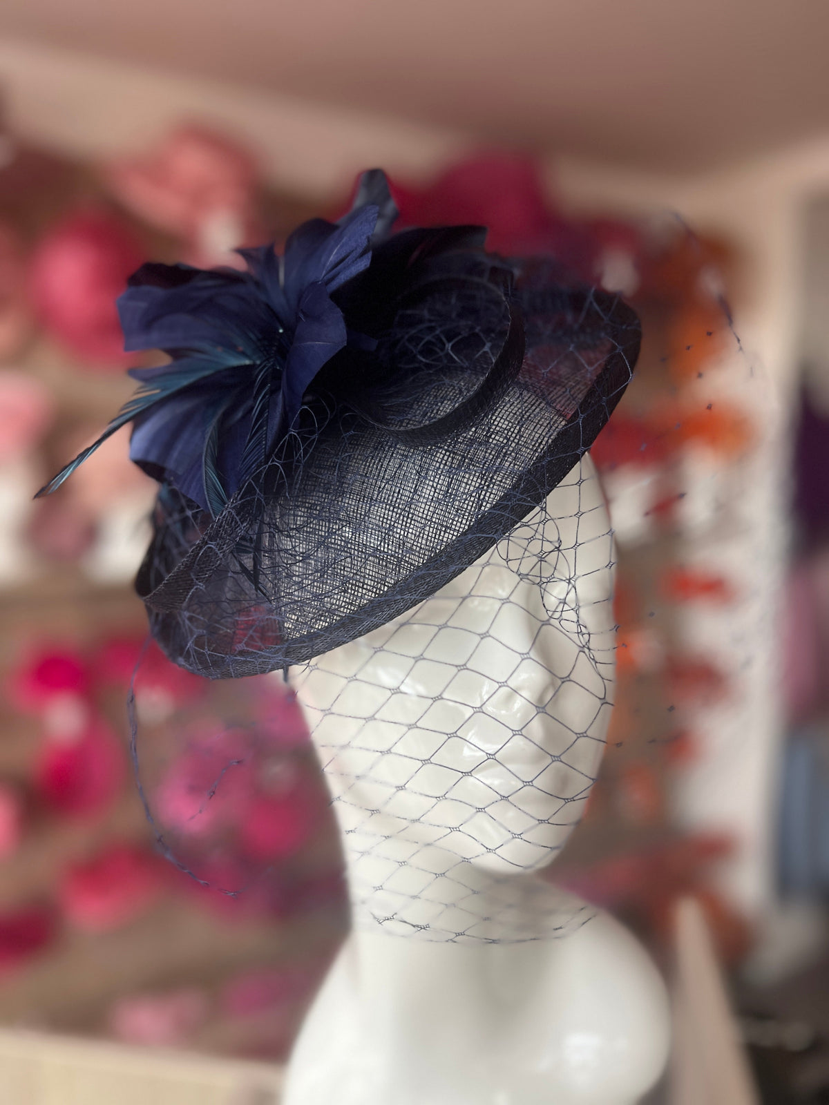 Navy Hatinator With Feather Flower &amp; Veil-Fascinators Direct