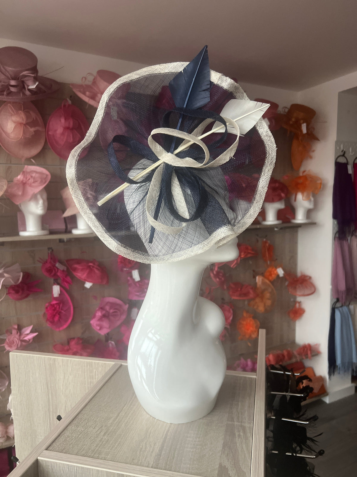 Navy &amp; Ivory Large Fascinator with Ruched Sinamay &amp; Feathers-Fascinators Direct