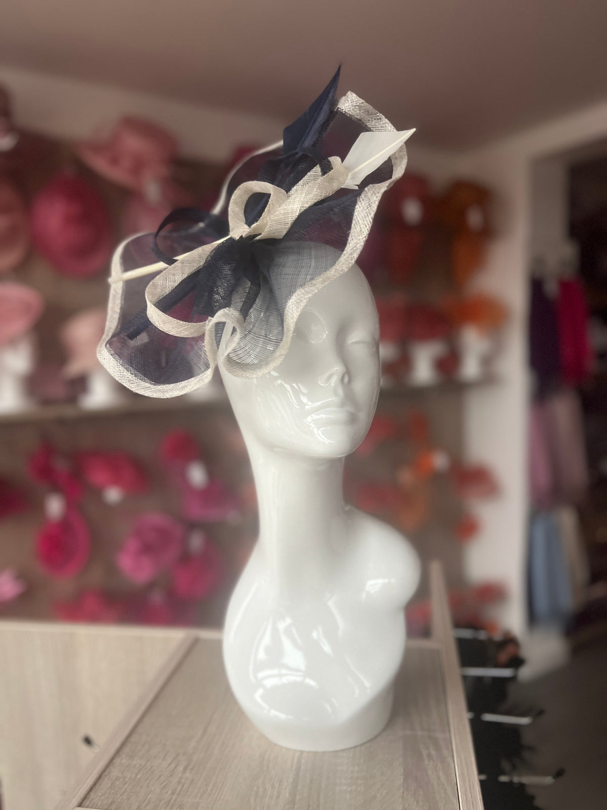 Navy &amp; Ivory Large Fascinator with Ruched Sinamay &amp; Feathers-Fascinators Direct