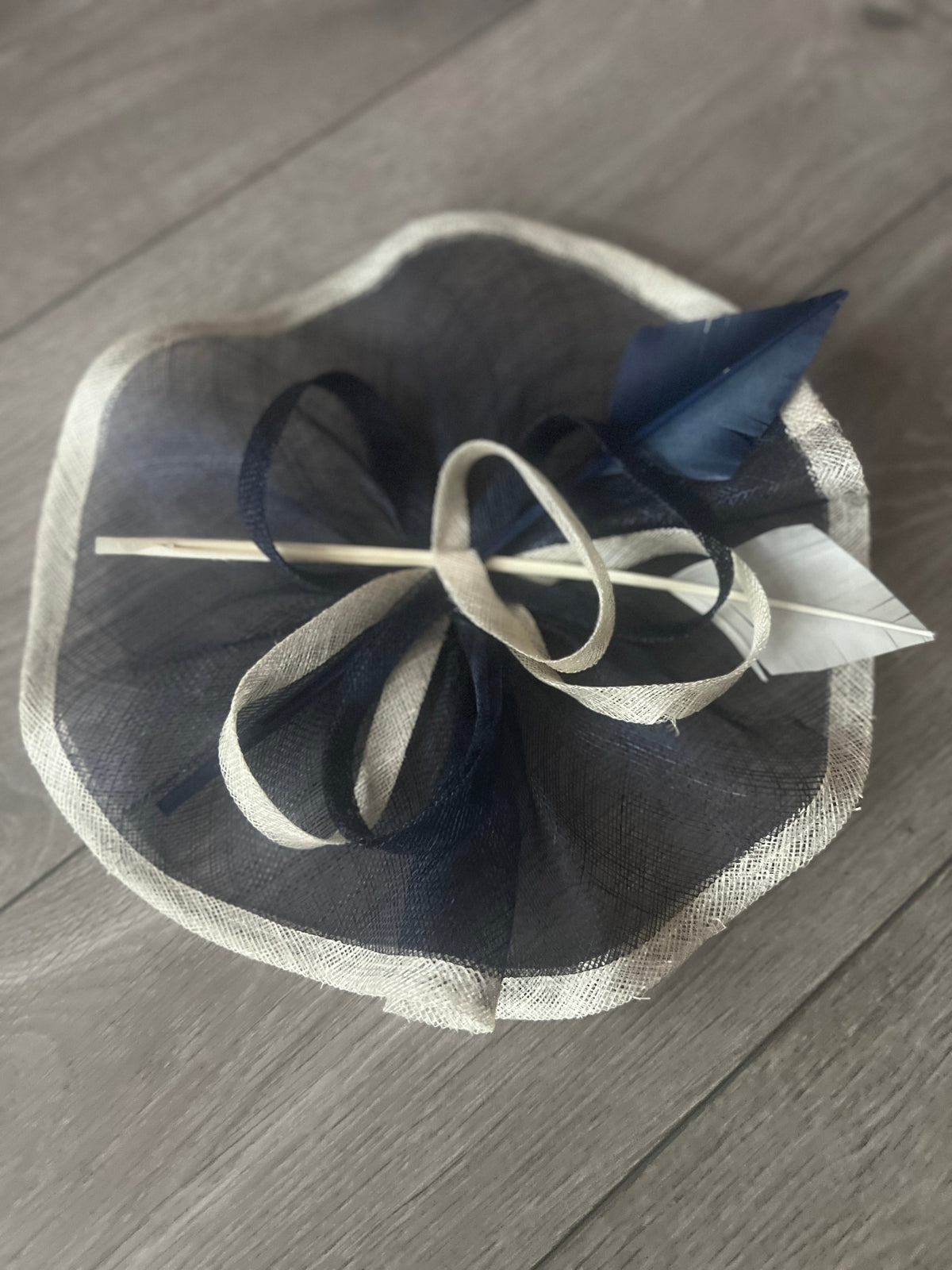 Navy &amp; Ivory Large Fascinator with Ruched Sinamay &amp; Feathers-Fascinators Direct