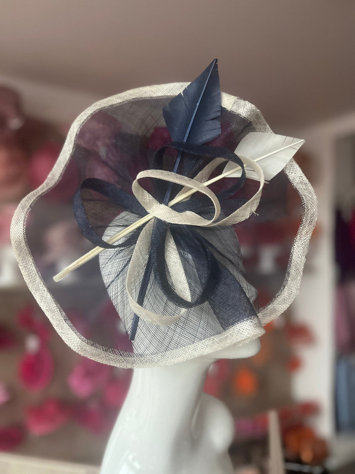 Navy &amp; Ivory Large Fascinator with Ruched Sinamay &amp; Feathers-Fascinators Direct