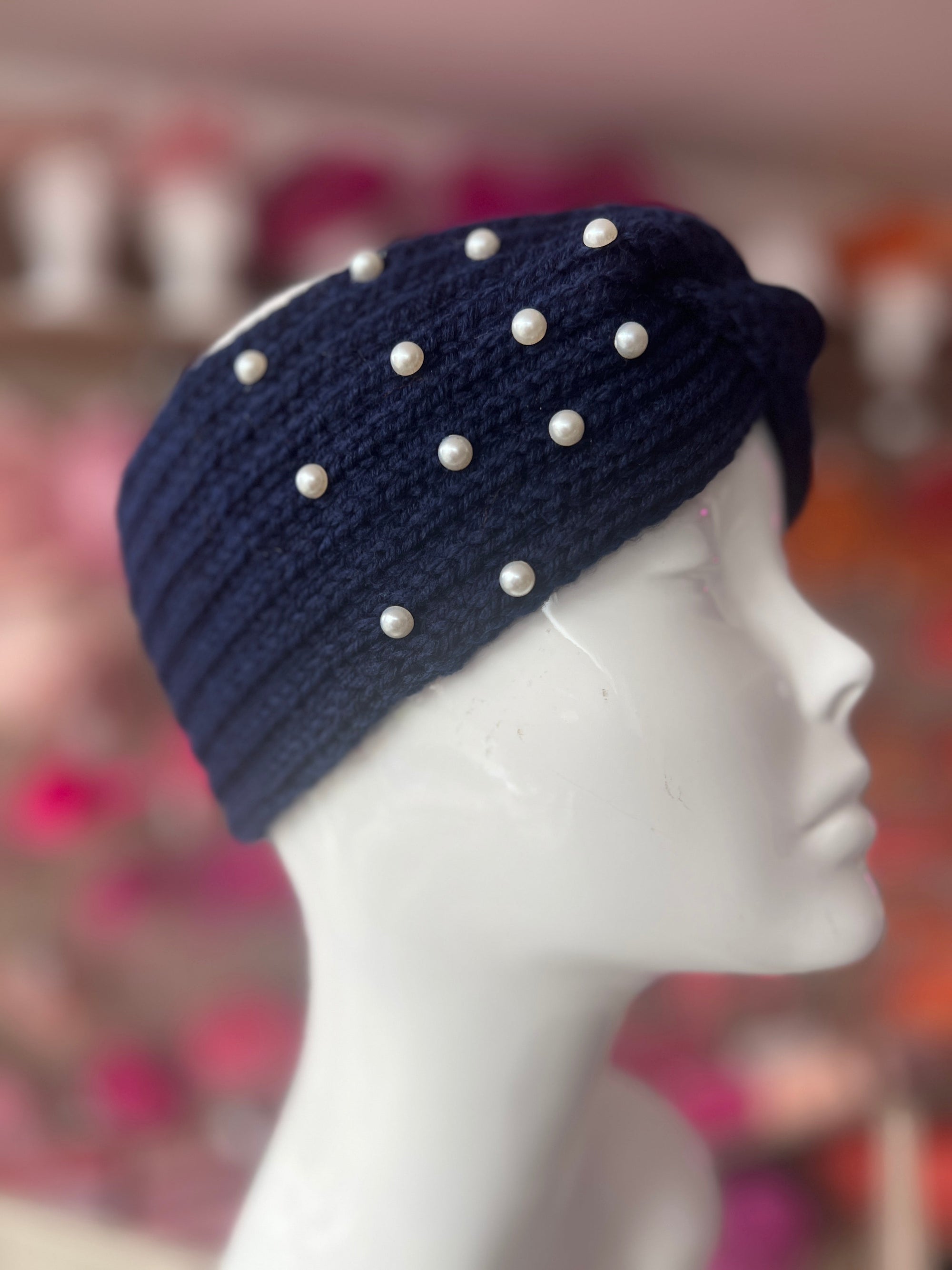 Navy Knitted Headband Ear Warmer With Assorted Pearls-Fascinators Direct