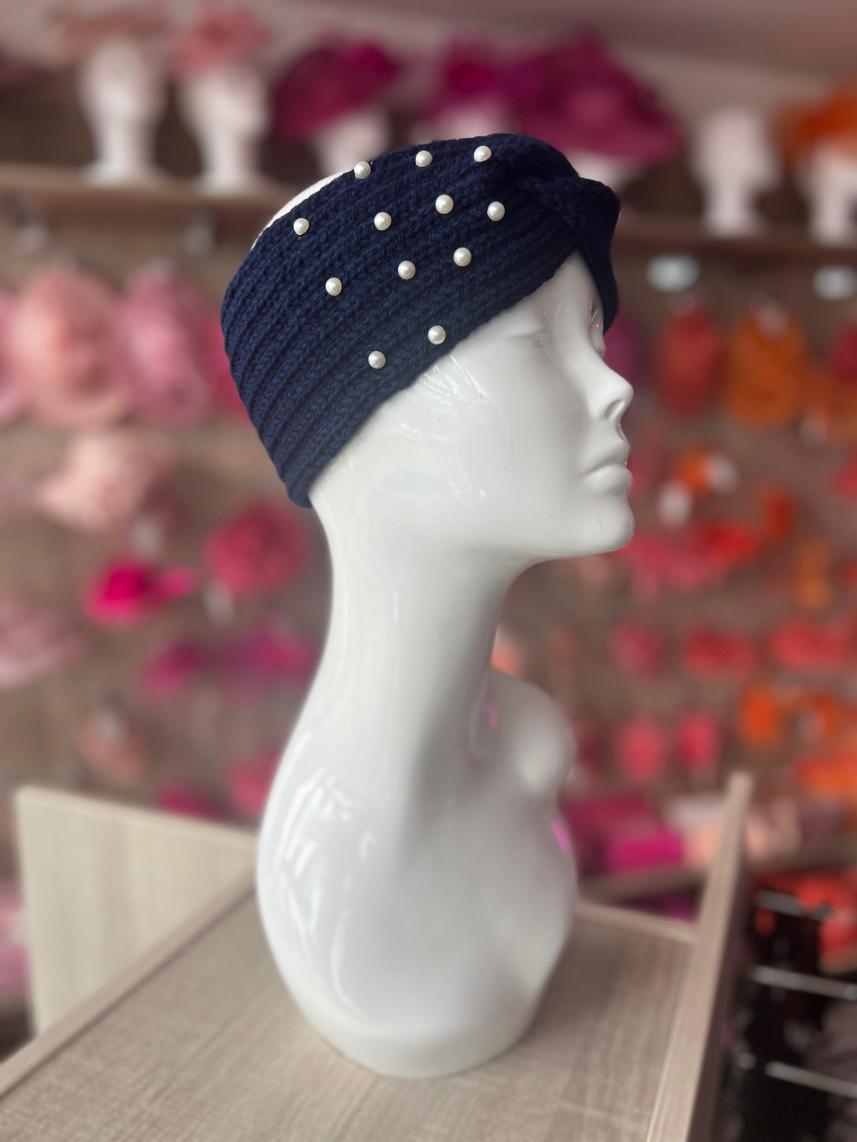 Navy Knitted Headband Ear Warmer With Assorted Pearls-Fascinators Direct
