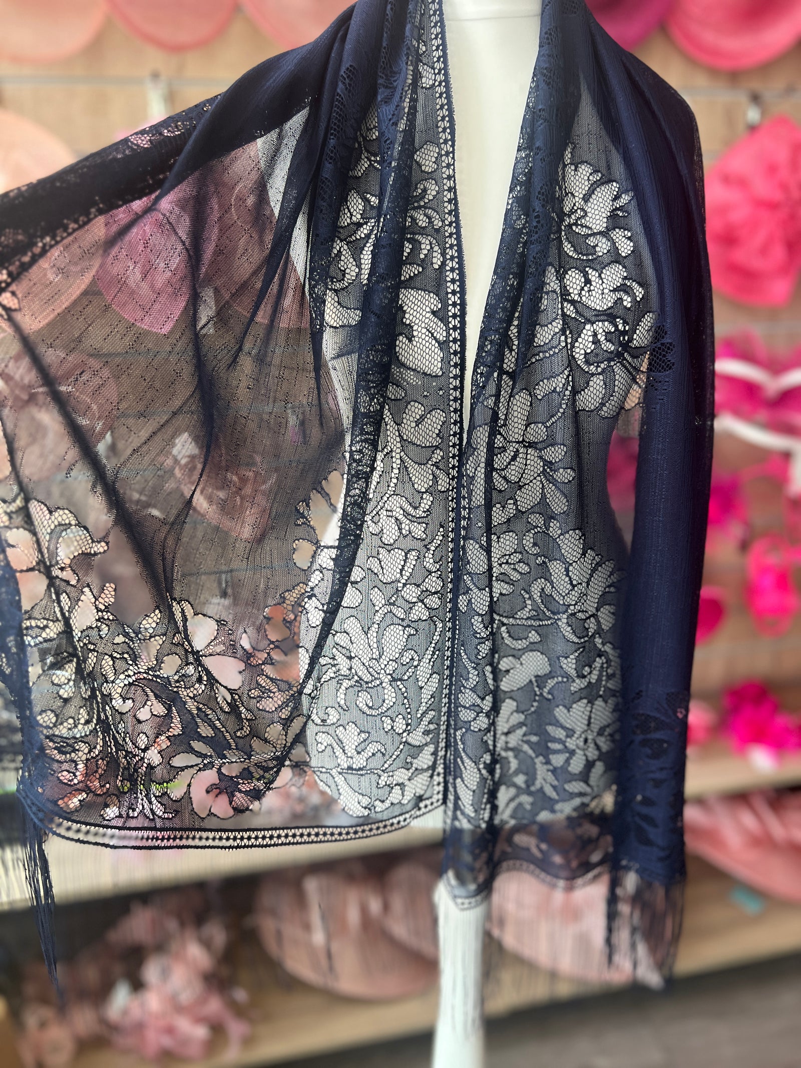 Navy Lace Shawl-Fascinators Direct