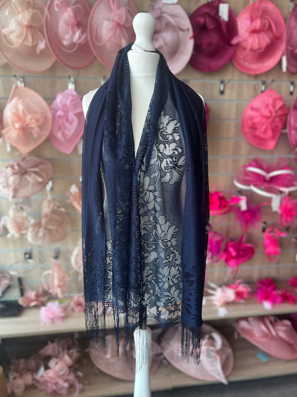 Navy Lace Shawl-Fascinators Direct