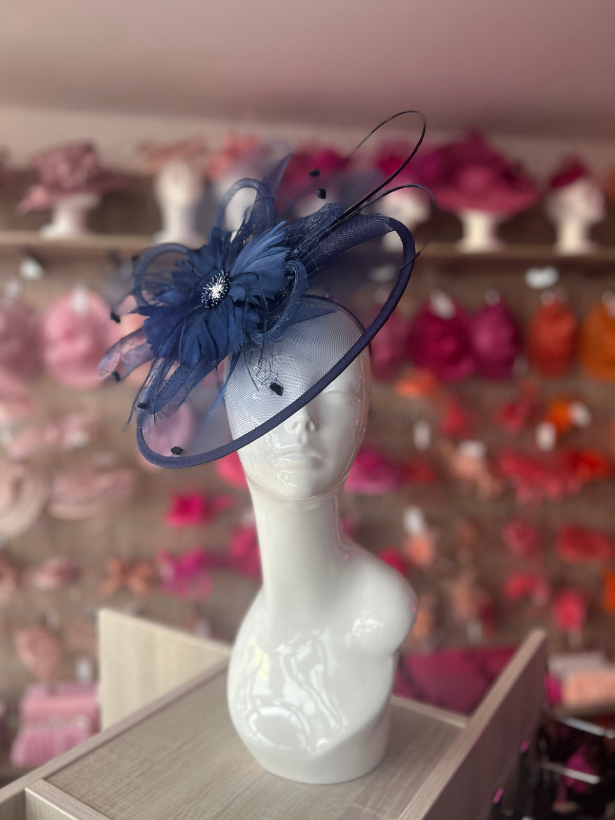 Navy Large Fascinator With Feather Flower &amp; Netting-Fascinators Direct