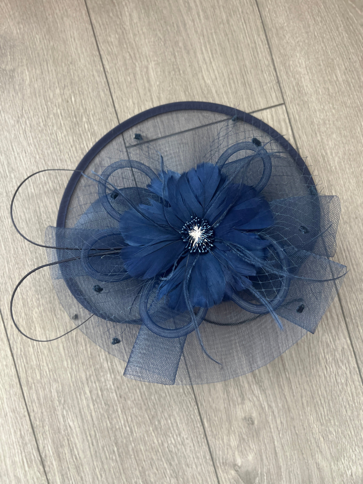 Navy Large Fascinator With Feather Flower &amp; Netting-Fascinators Direct