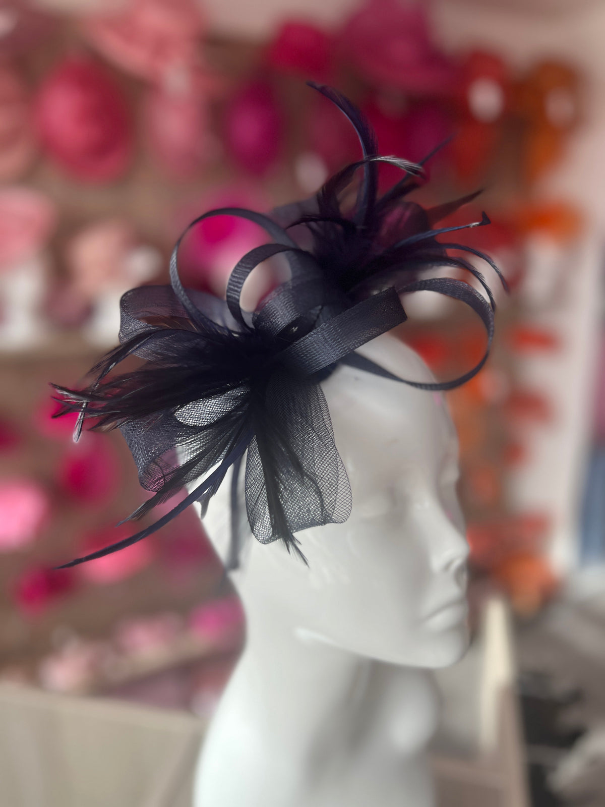Navy Loop Bow Fascinator With Feathers-Fascinators Direct