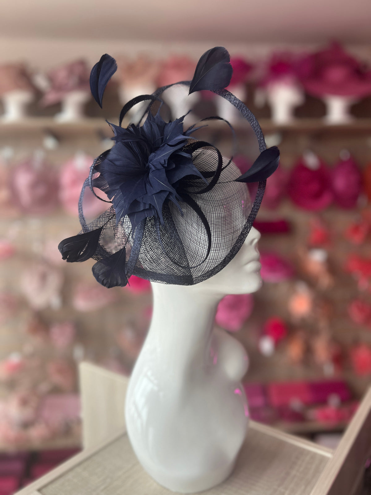 Navy Oval Base Fascinator With Feather Flower-Fascinators Direct