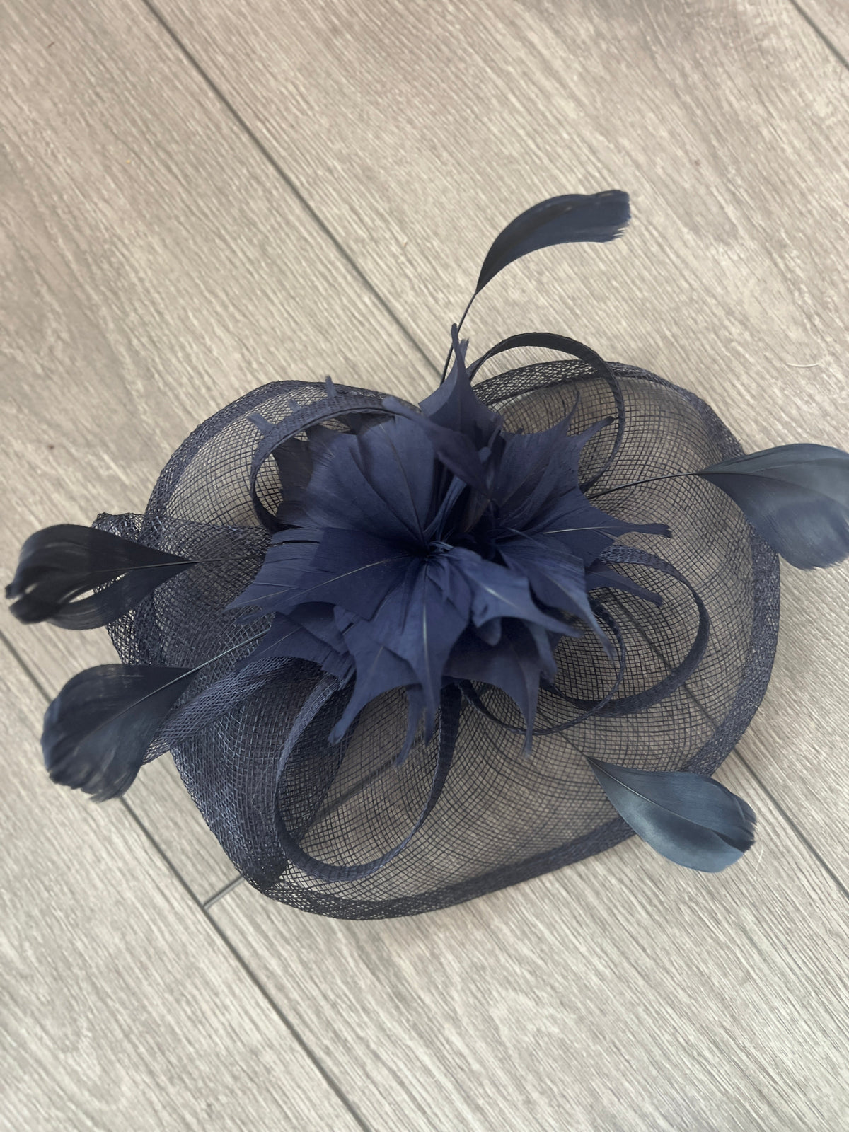 Navy Oval Base Fascinator With Feather Flower-Fascinators Direct