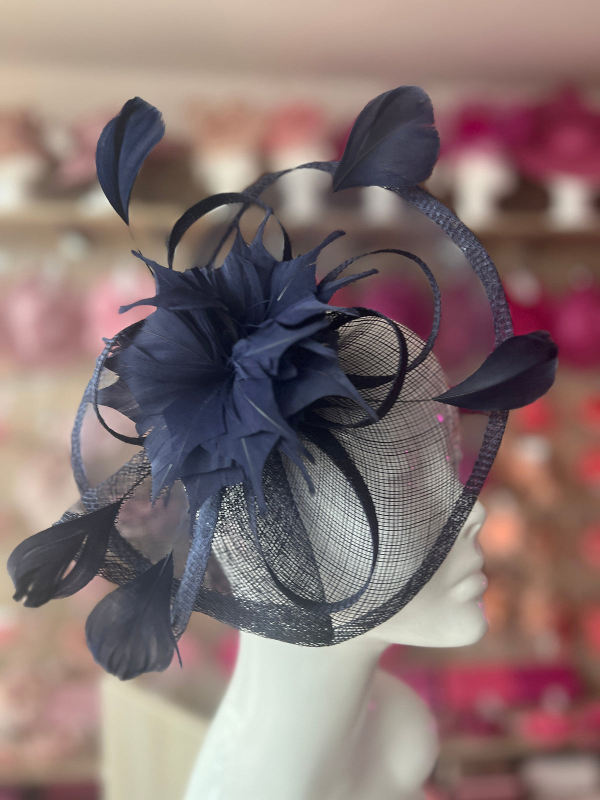 Navy Oval Base Fascinator With Feather Flower-Fascinators Direct