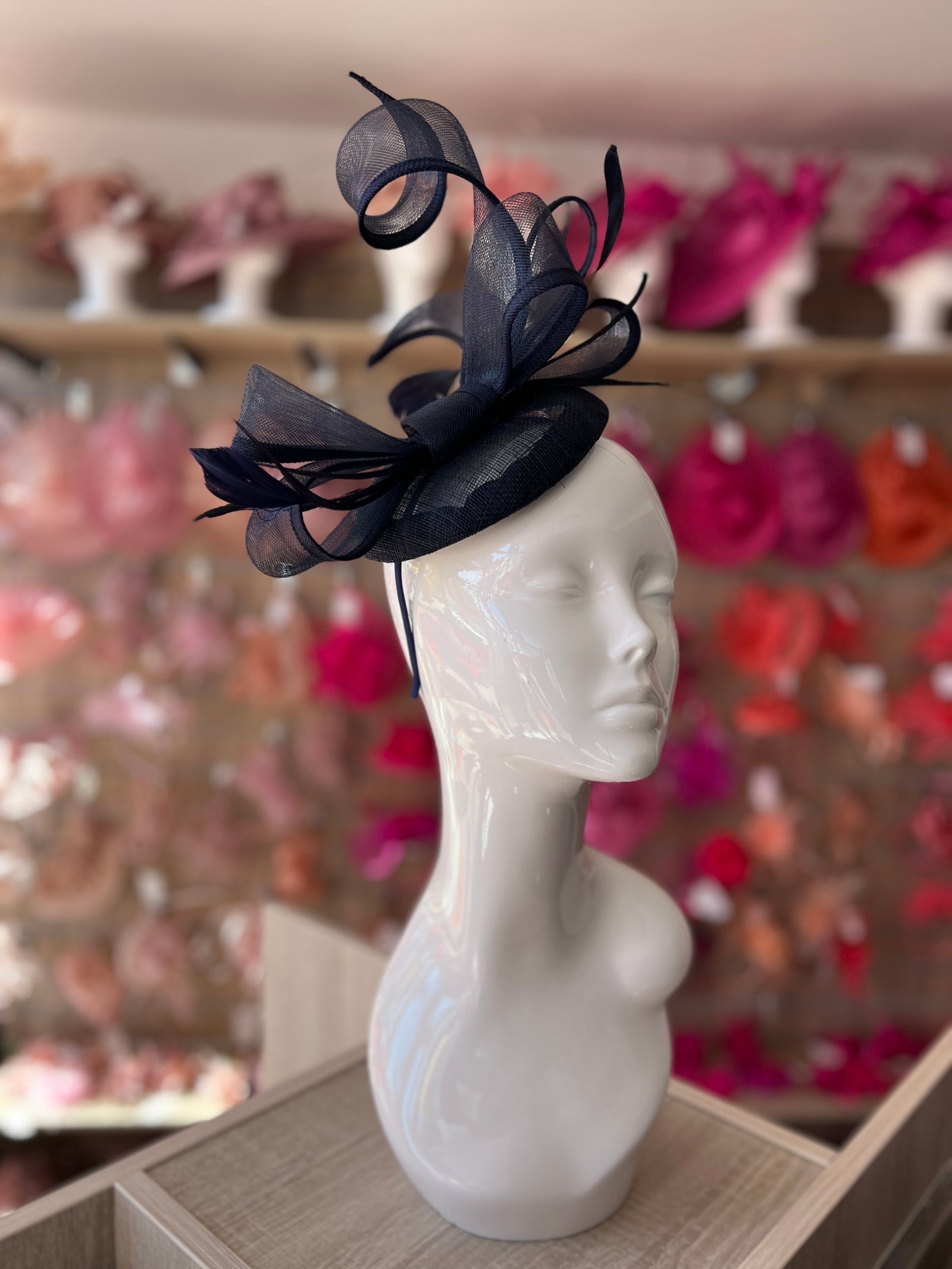 Navy Pill Box Bow Feather Fascinator-Fascinators Direct