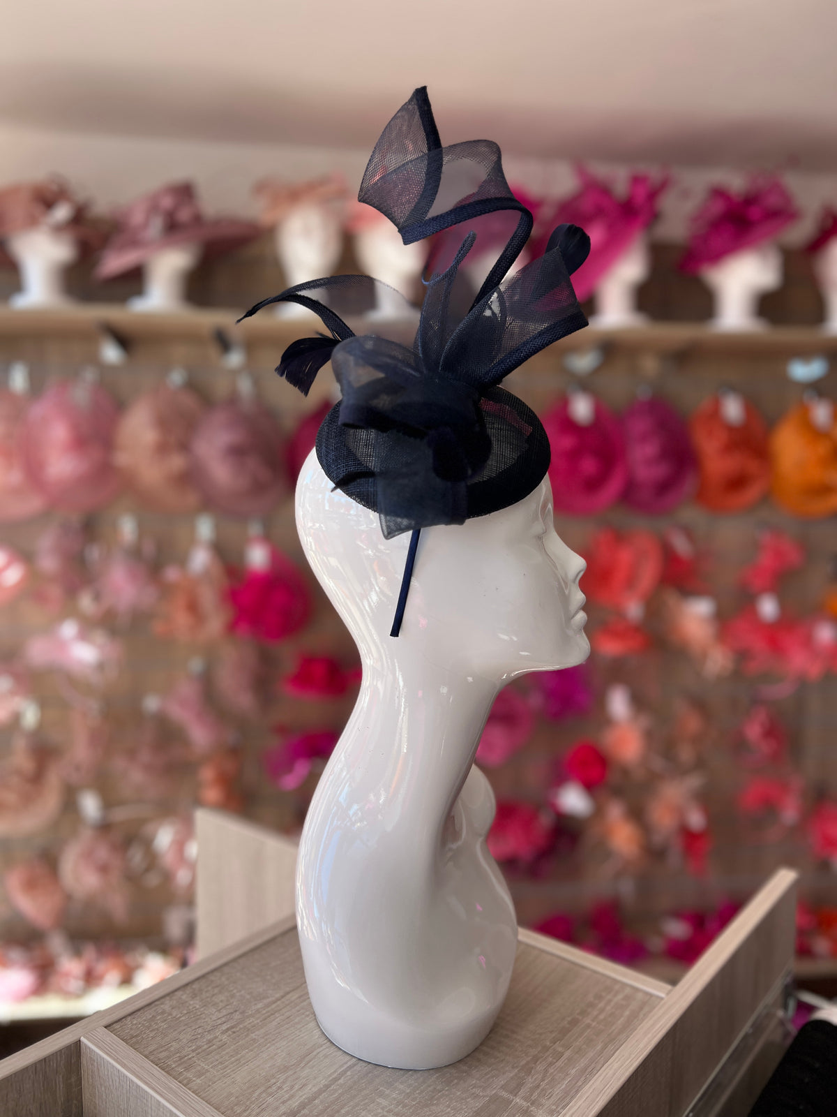 Navy Pill Box Bow Feather Fascinator-Fascinators Direct