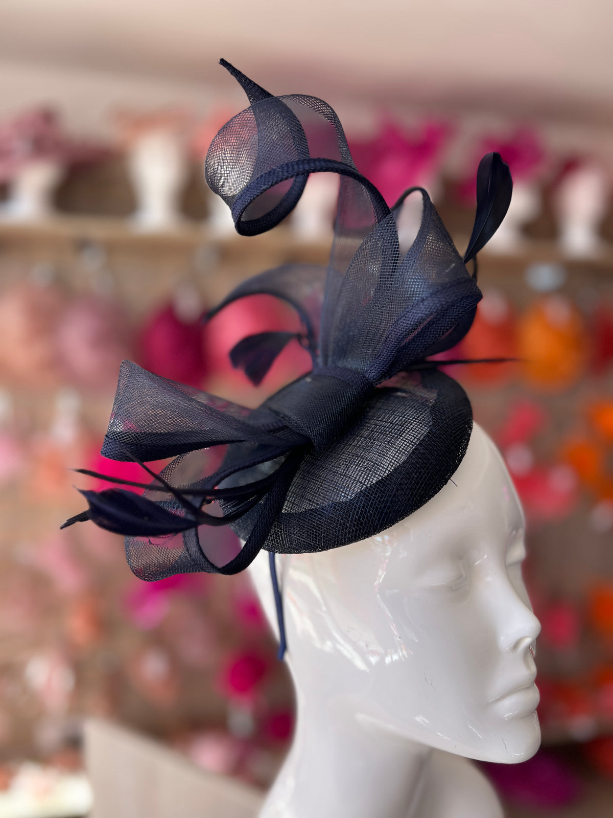 Navy Pill Box Bow Feather Fascinator-Fascinators Direct