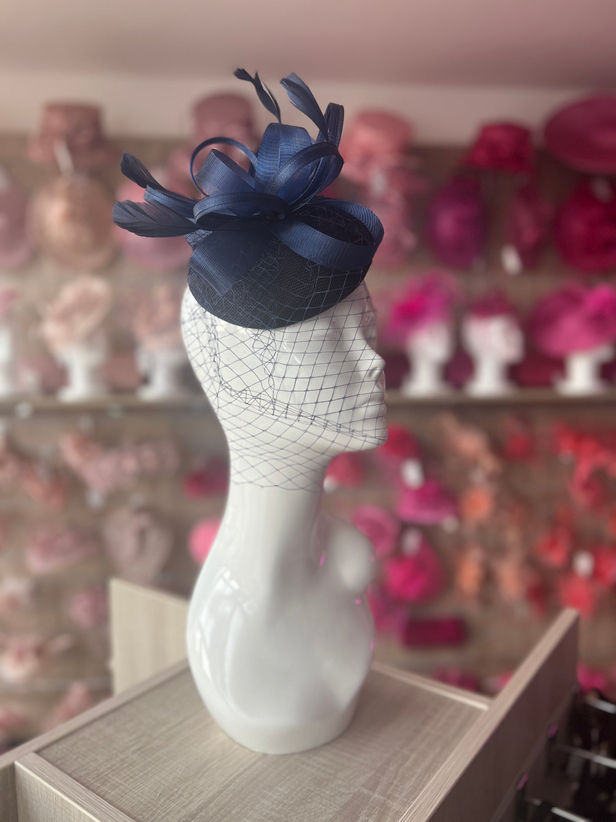 Navy Pillbox Fascinator With Birdcage Veil-Fascinators Direct