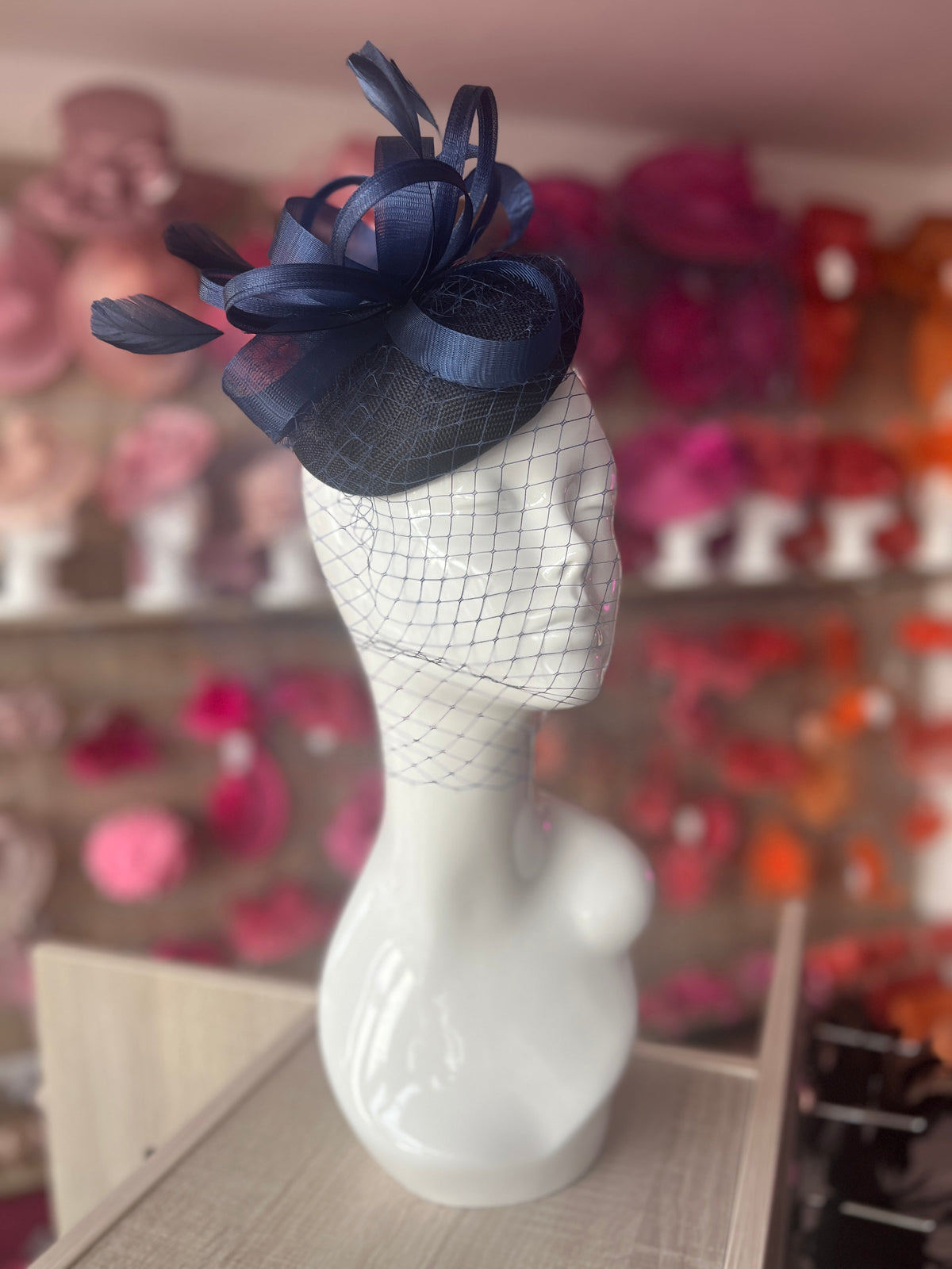 Navy Pillbox Fascinator With Birdcage Veil-Fascinators Direct