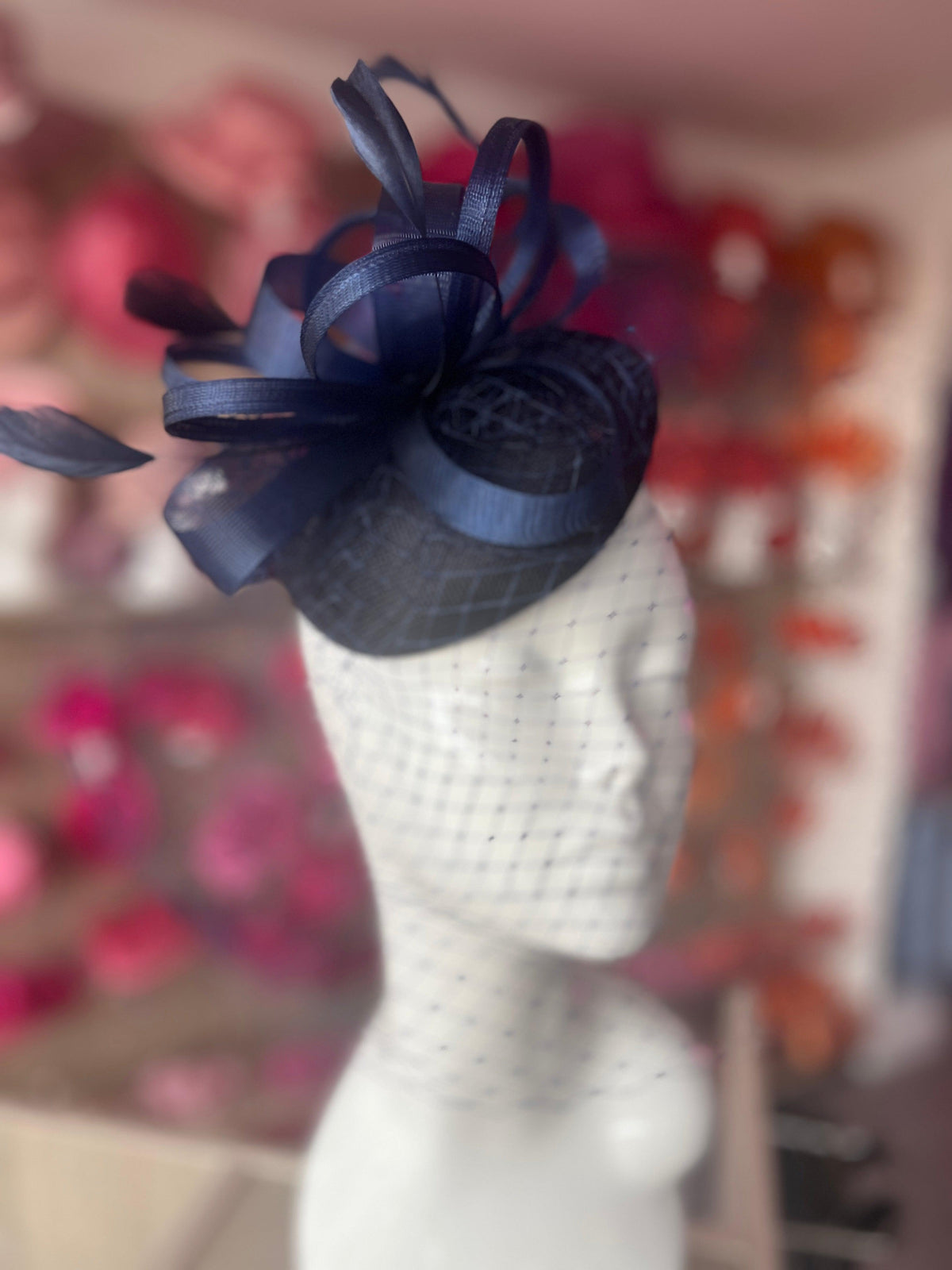 Navy Pillbox Fascinator With Birdcage Veil-Fascinators Direct