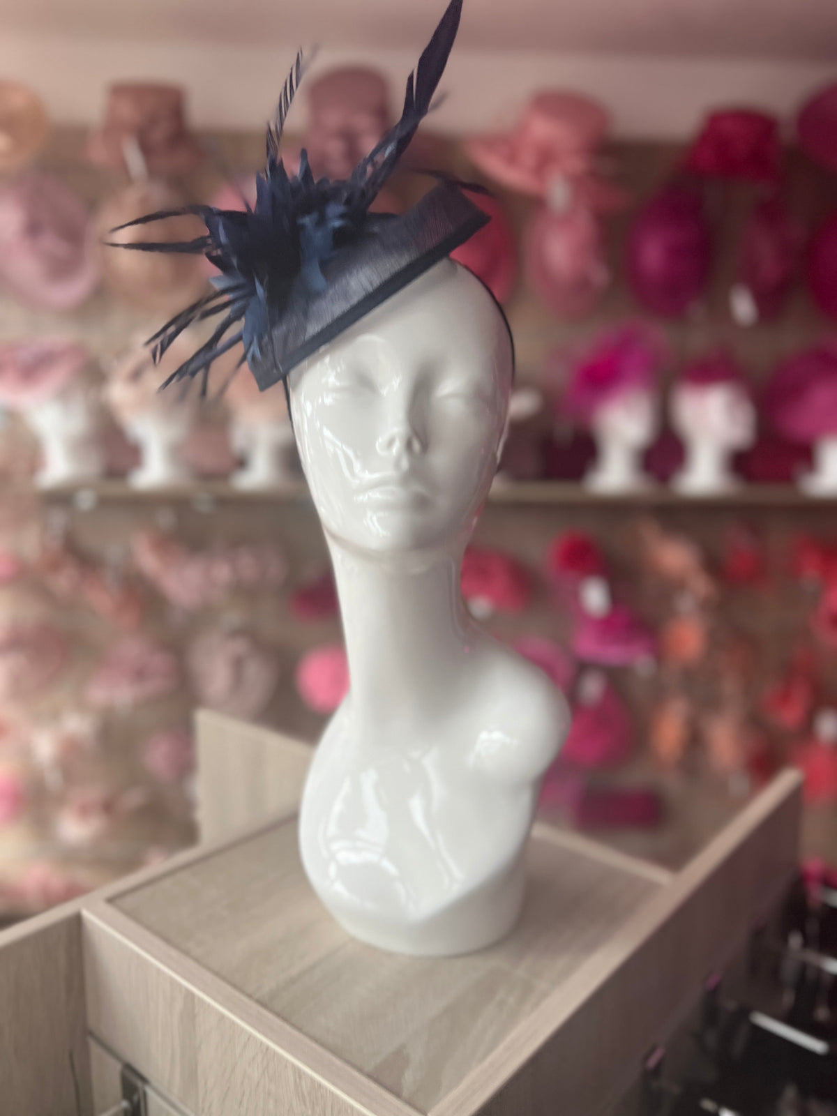 Navy Pillbox Fascinator With Feather Flowers &amp; Feather Quill-Fascinators Direct