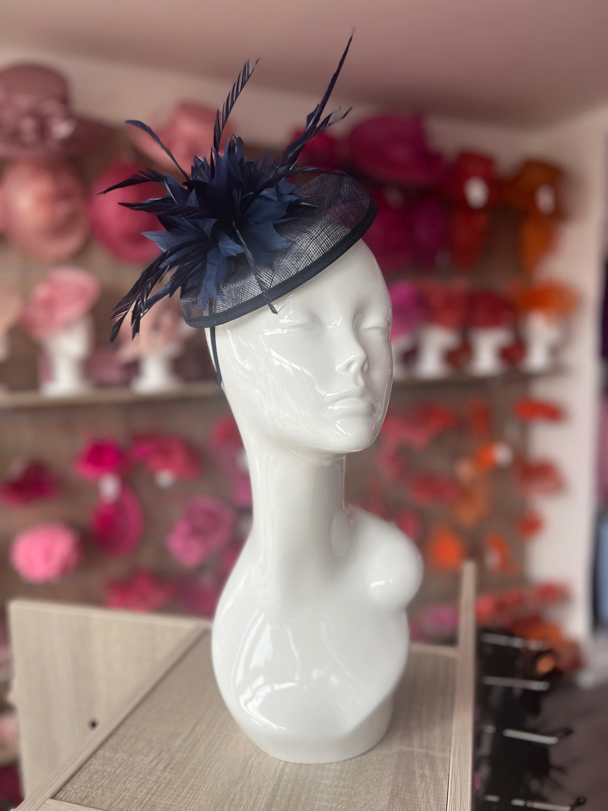 Navy Pillbox Fascinator With Feather Flowers &amp; Feather Quill-Fascinators Direct