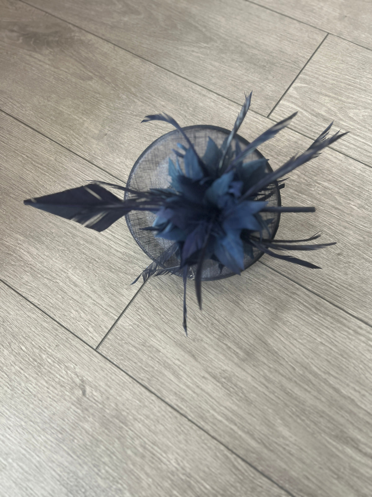 Navy Pillbox Fascinator With Feather Flowers &amp; Feather Quill-Fascinators Direct