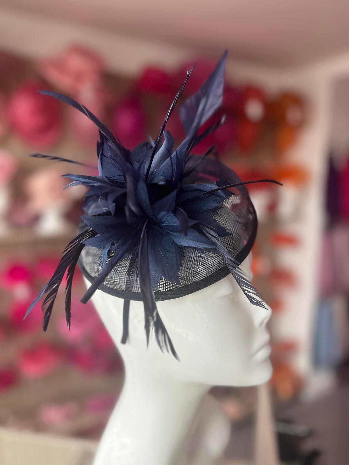 Navy Pillbox Fascinator With Feather Flowers &amp; Feather Quill-Fascinators Direct