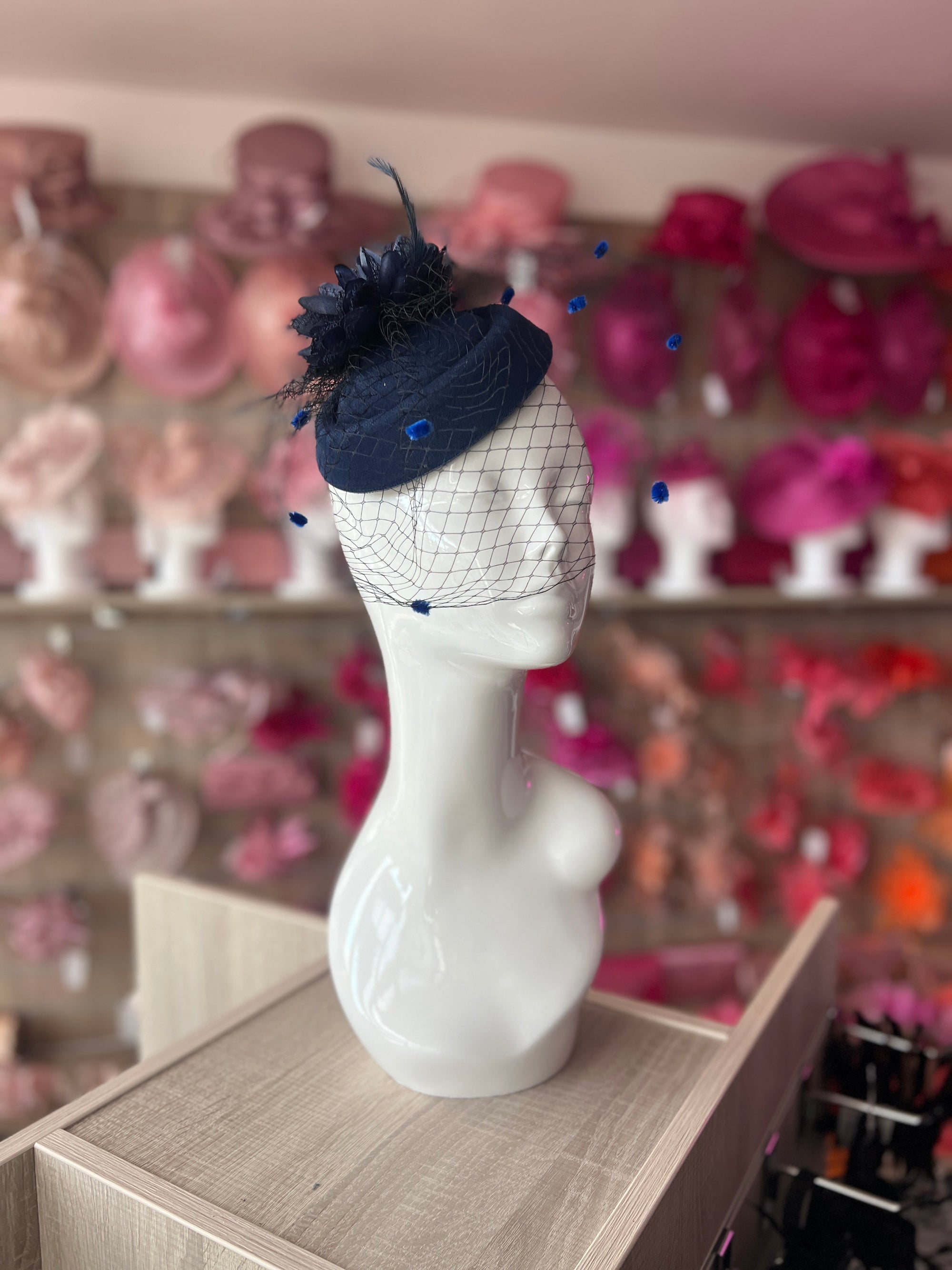 Navy Pillbox Hat Fascinator With Flower & Veil-Fascinators Direct