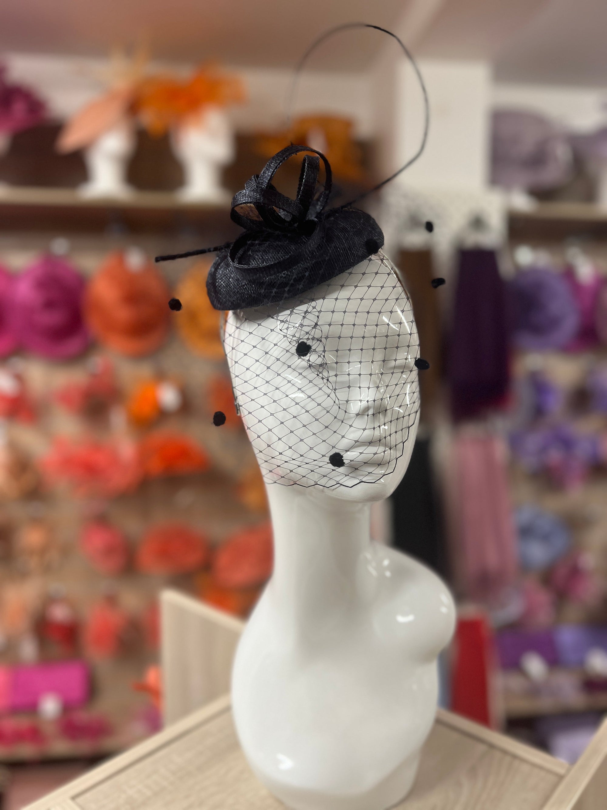 Navy Pillbox Hat with Veil & Curled Quill-Fascinators Direct