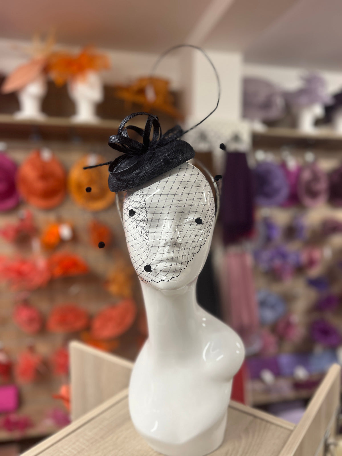 Navy Pillbox Hat with Veil &amp; Curled Quill-Fascinators Direct