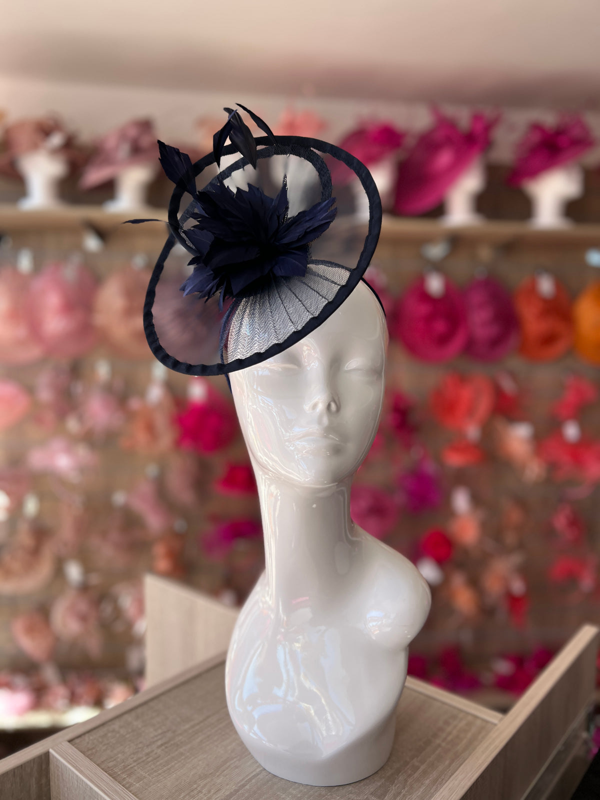 Navy Pleated Spiral Fascinator With Feather Flower-Fascinators Direct