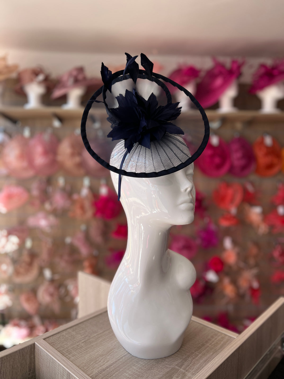 Navy Pleated Spiral Fascinator With Feather Flower-Fascinators Direct